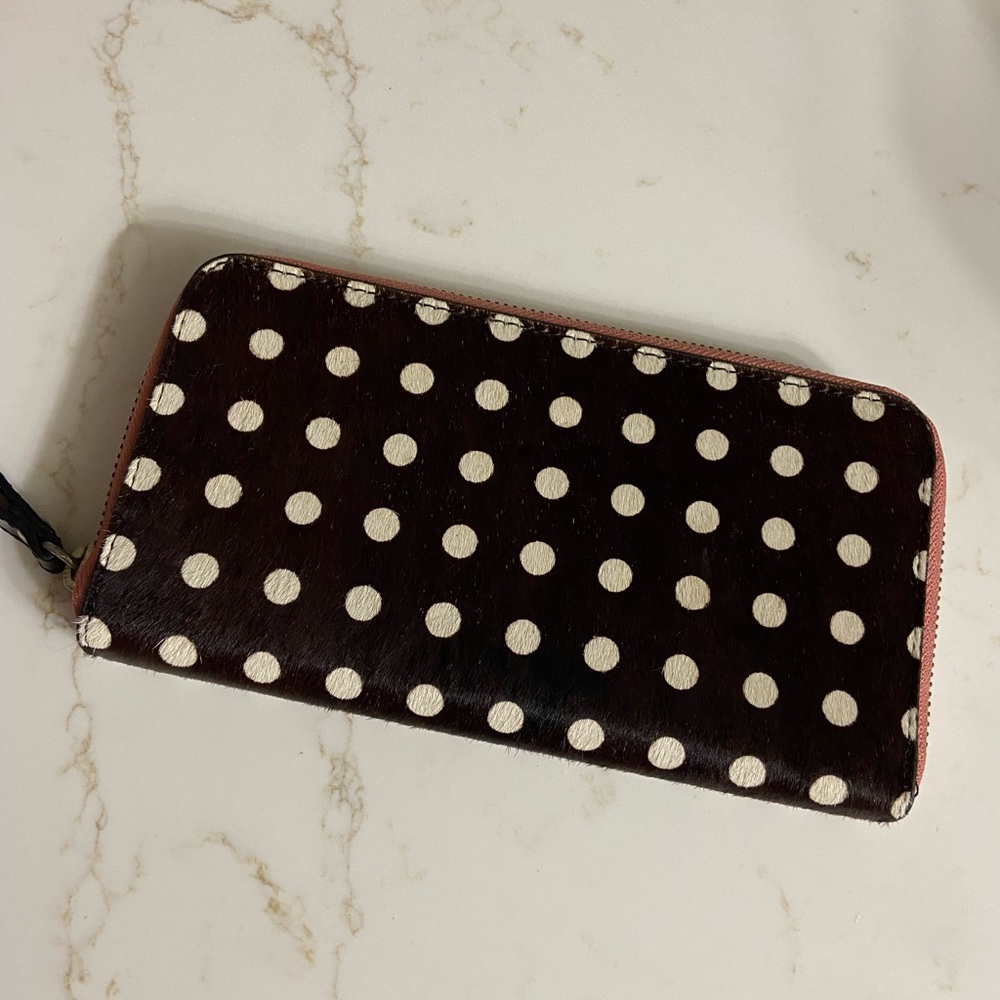 MISS ALBRIGHT Brown-Pink-White Polka Dot Zip Around Wallet